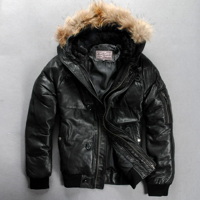 

Avirex fly down bomber jacket fashion men's sheepskin100% genuine leather jacket hooded short down coat outerwear in winter