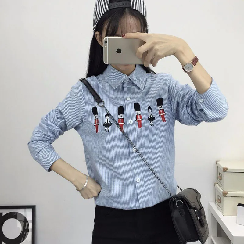 2016 New Spring and Autumn Womens Shirt Blouse Cat Embroidery Long Sleeve Women Shirts Casual Tops Size M-XL06