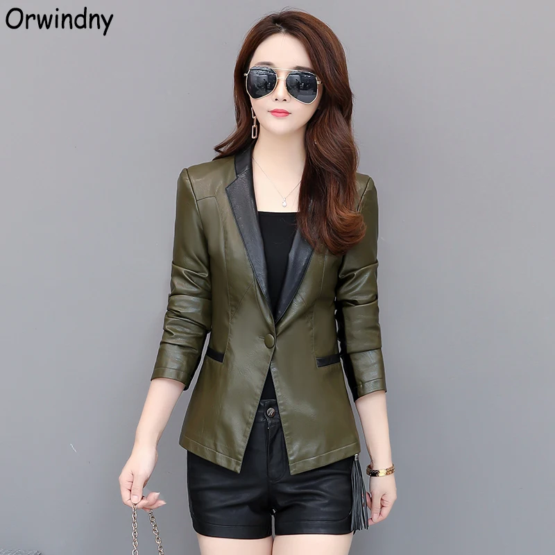 

Orwindny 2019 New Slim Women Blazer One Button Color Matching Leather Clothing Outerwear Autumn Leather Coat Suit