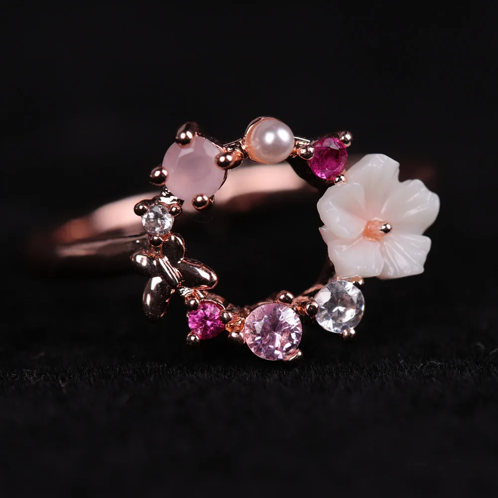 Регулируемое открытие милые маленькие свежие порошок драгоценный камень циркон романтическая оболочка цветок Стразы Открытые Кольца для женщин ювелирные изделия для рук