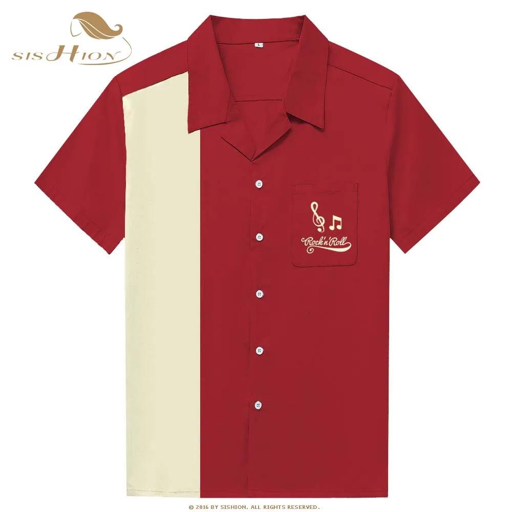 SISHION L-3XL زائد حجم الرجال قميص ST126 الصيف قصيرة الأكمام التطريز الأسود الأحمر روكبيلي البولينج القطن عارضة القمصان للرجال