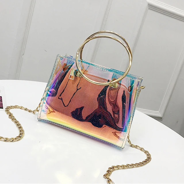 Fashion Jelly Round Handle Composite Bag Women Transparent Rainbow Fashion Jelly Round Handle Composite Bag Women Transparent Rainbow Crystal Handbags Chain Messenger Shiny