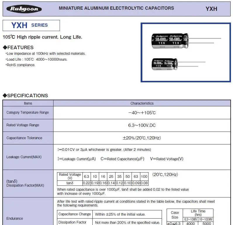 100 шт. 6,8 мкФ 100V Rubycon YXH Series 5x11 мм низкое сопротивление долгий срок службы 100V6. 8 мкФ электролитический конденсатор с алюминиевой крышкой