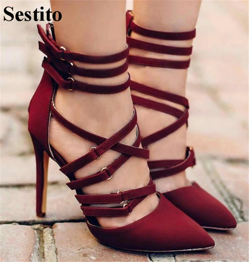 

Newest Sexy Red Wine Flock Pointed Heels Pumps Thin Heels Cross-tied Women Pumps Casual High Heels Zip Women Shoes Spring/Autumn