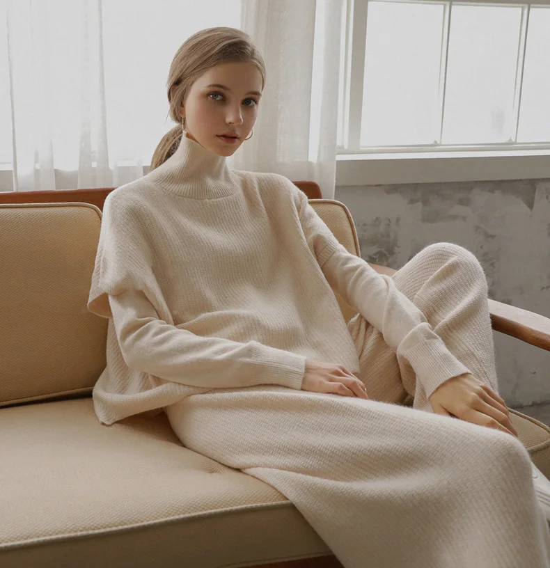 

2019 Women Wool Knitted suit soft warm Spring autumn Suit Female wide legs pullover sweater & pant Three piece set oversized