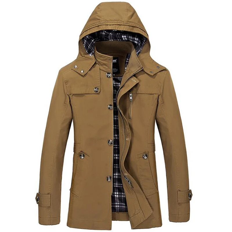 Новая мужская куртка, Осень-зима, ветровка, приталенная, Длинные куртки, мужская повседневная верхняя одежда, хлопок, ветронепроницаемая, с капюшоном, Тренч, пальто