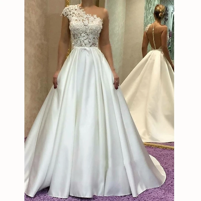 Gorgeous One Shoulder Prom Gowns Elegant White Wedding Gown Free Customize Lace Appliques Princess Vestidos de Fiesta | Женская одежда