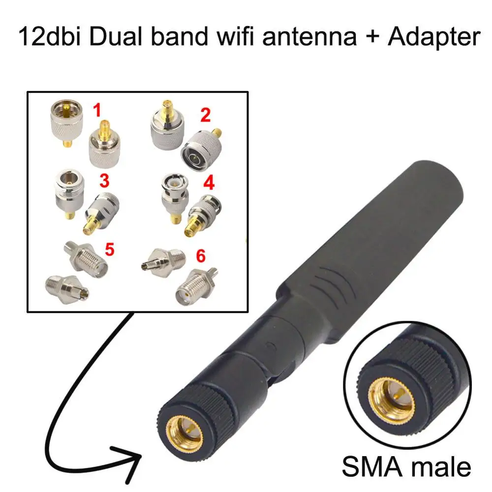 

Dual band WIFI Antenna 12dbi 2.4G 5G 5.8G SMA Male Signal Booster+An Adapter SMA female to ts9 CRC9 N F BNC TNC TV male female