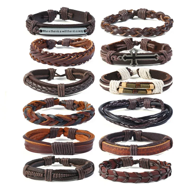 

12 Pcs/set Punk Style Simple Fashion Handmade Woven Bracelet European and American Men's Personality Accessories Jewelry