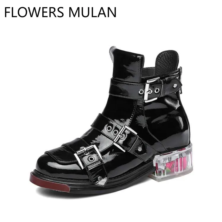 

Brand Black Shiny Patent Leater Ankle Boots For Women Round Toe Three Metal Belt Buckle Shoes Woman Transparent Flowers Heel