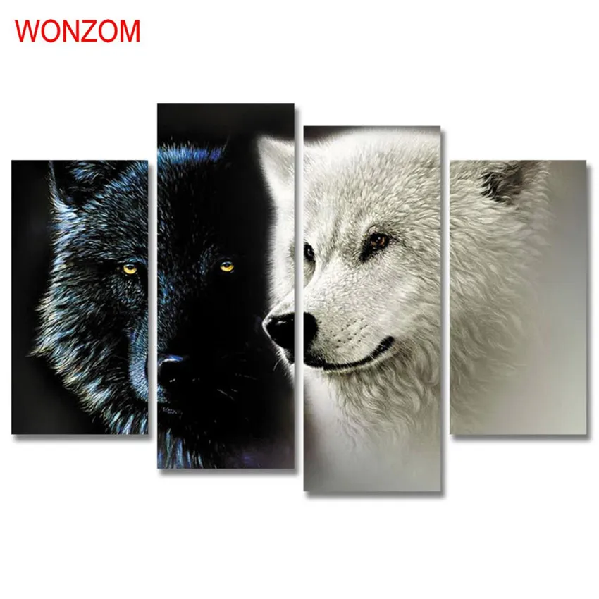 4Pcs Black White Wolf Canvas Painting Modern Animal Painting On Canvas