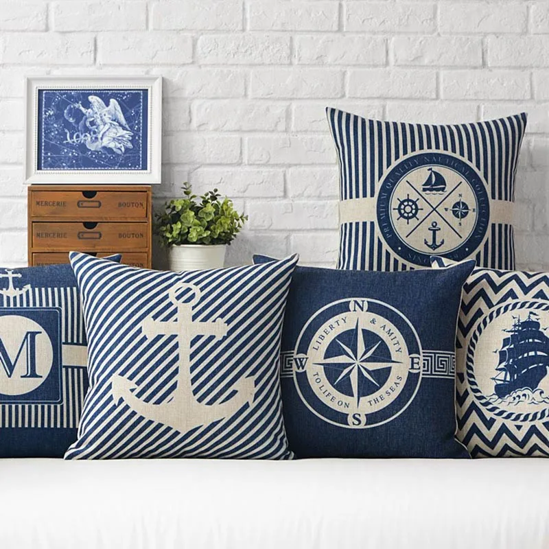 

Sea Blue Compass Printed Cushion Cover Anchor Pattern Marine Ship Throw Pillow Case Decorative Pillowcase Cojines Almofadas