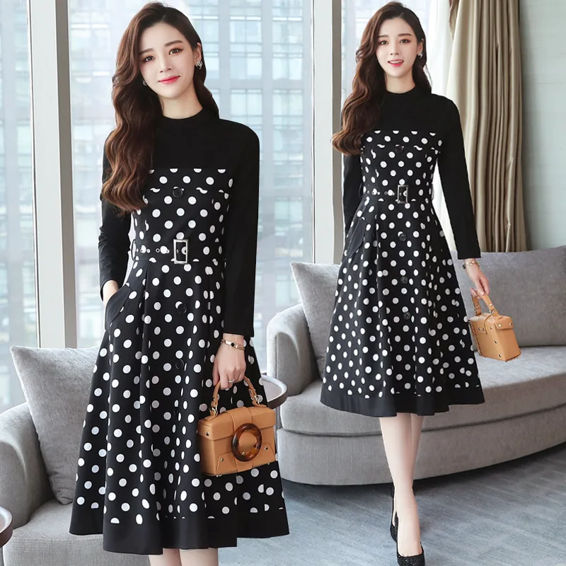 

M-2XL Plus Size Korean Women Dress A-line Office Lady Dress Mid-claf Sweet Temperament High Quality Spring Solid Dot Dress FR04