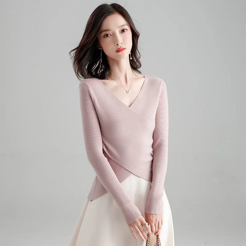 2018 Autumn new arrival sweater criss-cross slim wool blends elegant temperament bottoming sweater for women SJ1287