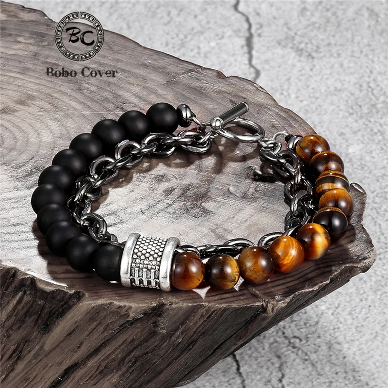 

Punk Natural Tiger Eye Stone Men's Beaded Bracelet Stainless Steel Link Chain Couple Bracelets femme Male Jewelry Drop shipping
