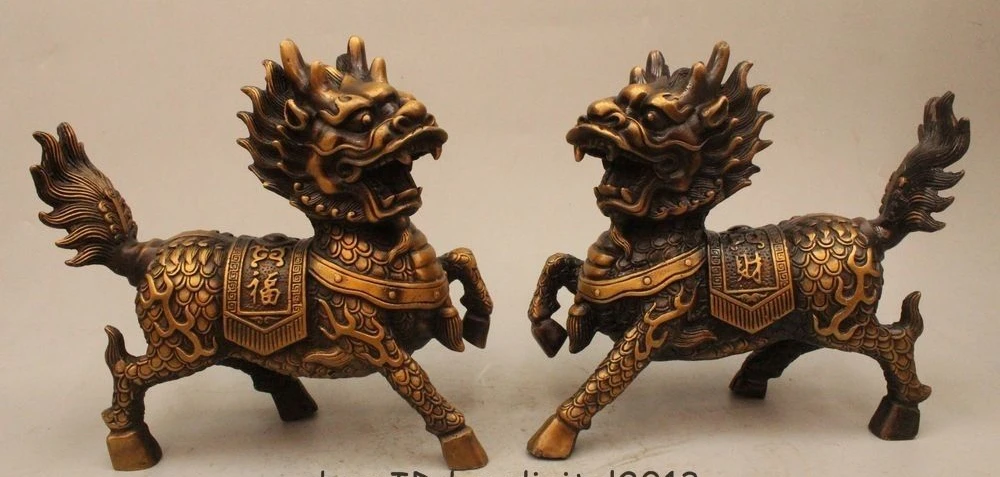 

8" Chinese Folk Feng Shui Bronze Dragon Kylin Pixiu Beast Statue Sculpture Pair