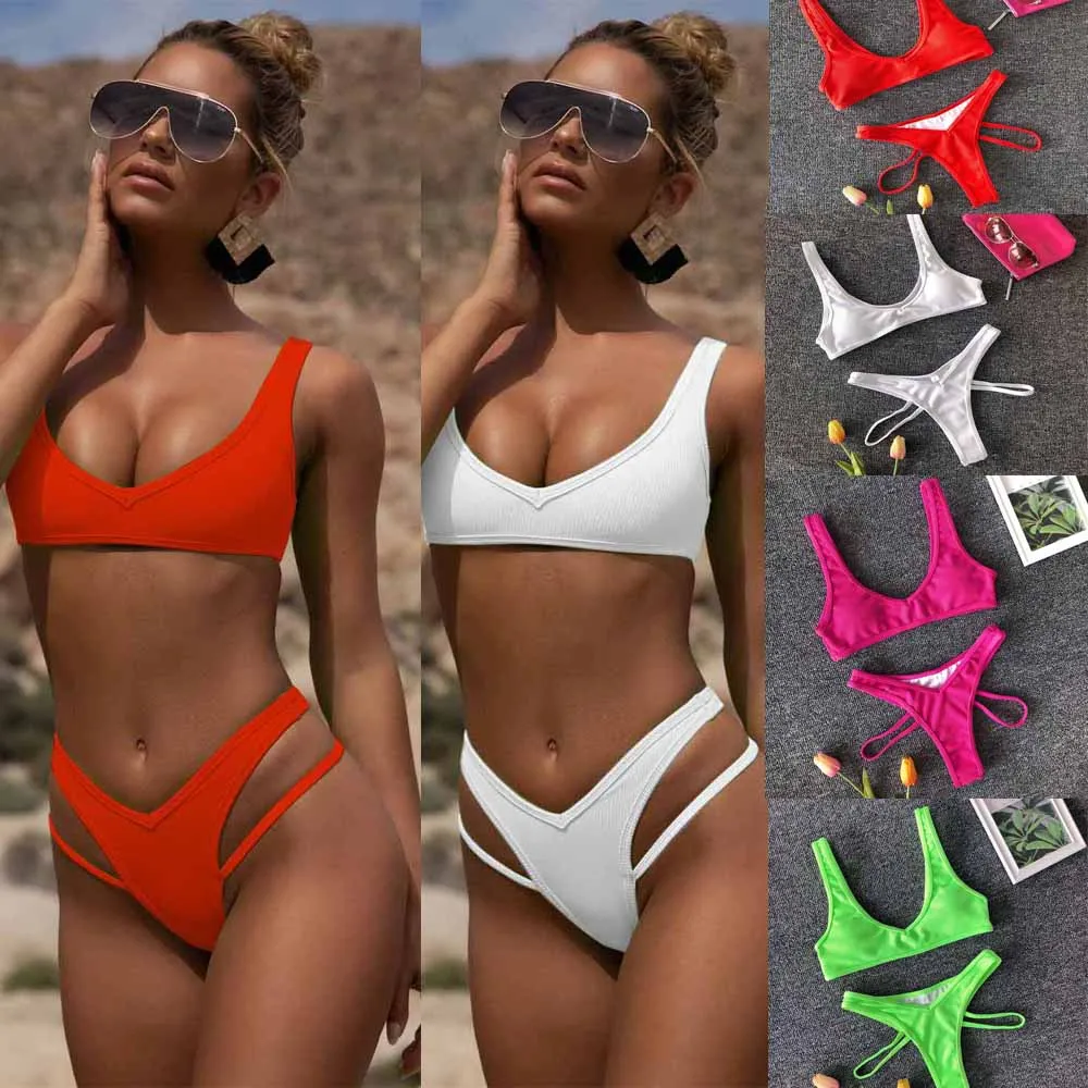 

2019 Sexy Bikini Set Women Swimsuit Solid Bikini Backless Swimwear Low Waist Bathing Suit Female Brazilian Biquini