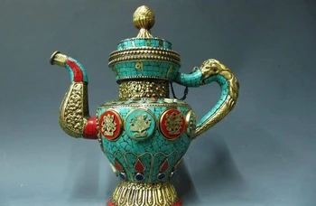 

Nepal Bronze Copper inlay turquoise coral Eight Treasure stoup flagon wine pot