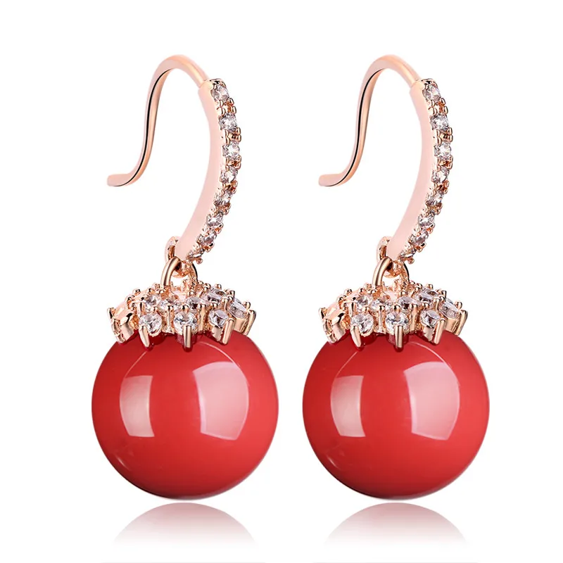 

KCALOE Hanging Big Earrings Rose Gold Color Artificial Coral Red Korean Earrings Women Cubic Zirconia Crystal Drop Earring