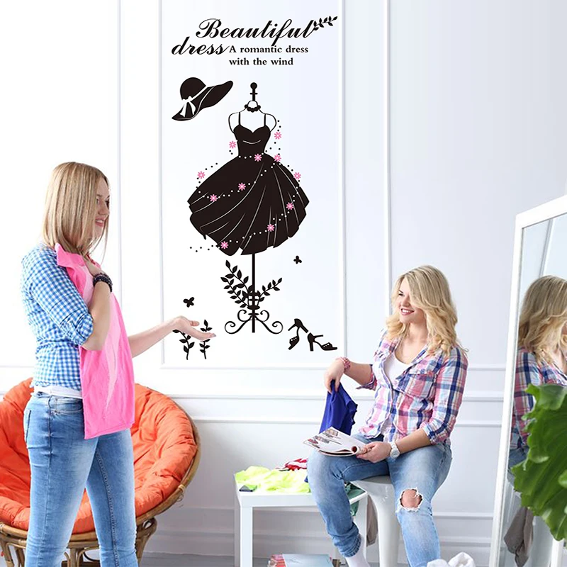 Черный цвет девушка формальное платье стикер стены Винил DIY Настенный декор для гардероба гостиной украшения для магазина одежды