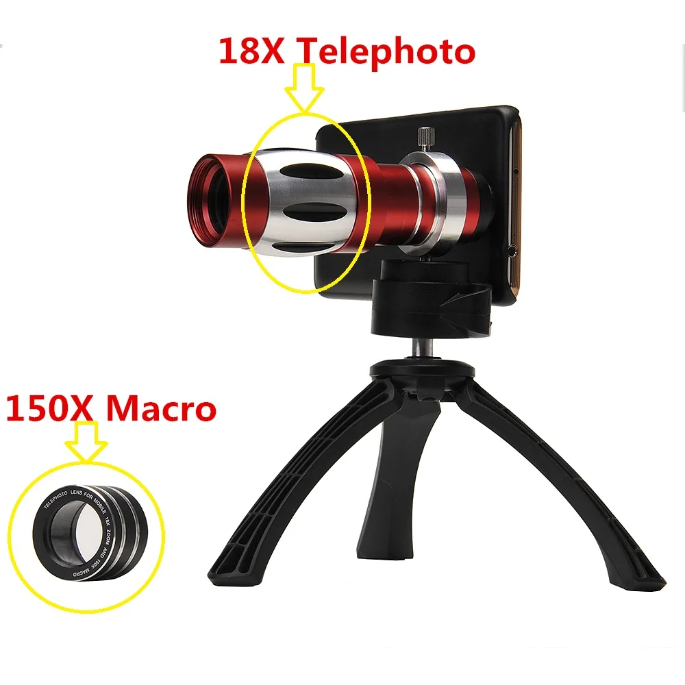 

4in1 Phone Camera Lenses Kit 18X Telescope Telephoto Lens For iPhone 6 6s 7 Plus 5 5s SE 4s 4 Case 150X zoom macro lens Tripod