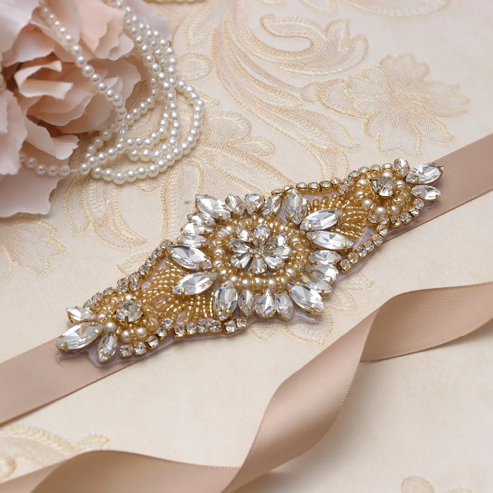 yanstar Rhinestones Wedding Belt Hand Beads Bridal Sash Gold Crystal For Dresses De Mariage XY861 | Свадьбы и торжества