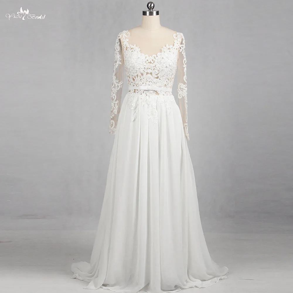 RSW1159 реальные фотографии Yiaibridal прозрачный корсет шифоновая с длинными рукавами пляжное свадебное платье