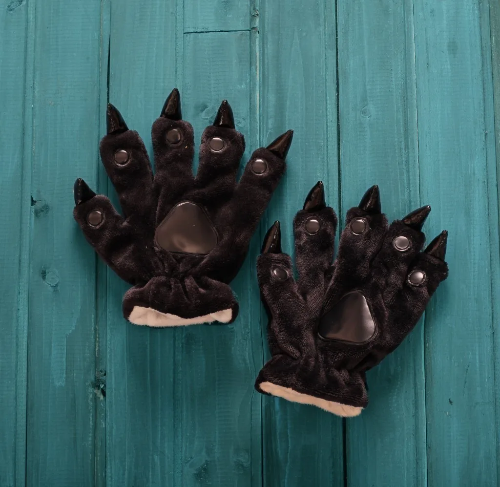 Перчатки унисекс с когтями животных, мягкие плюшевые перчатки-лапки с героями мультфильмов, перчатки с медведем, варежки с покемонами, Пикачу, единорогом, костюмы на Хэллоуин - Цвет: Black glove