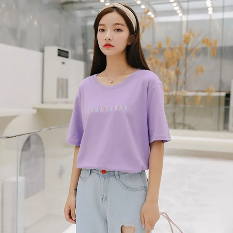 

Ulzzang Sweet Color Letters Embroidered Tee Shirt Women Summer Purple O-neck Short Sleeve T-shirt Korean Fashion Women Clothing