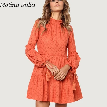 

Motina Julia White lace ruffle dot embroidery dress women Autumn tassel short party dress Casual daily mini sexy dress female