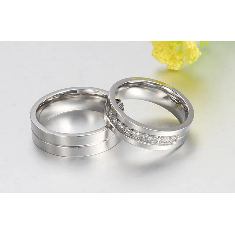 10pcs/lots Wholesale 6mm Wedding Rings Stainless Steel Couple Ring CZ Stone Provide Mix Size