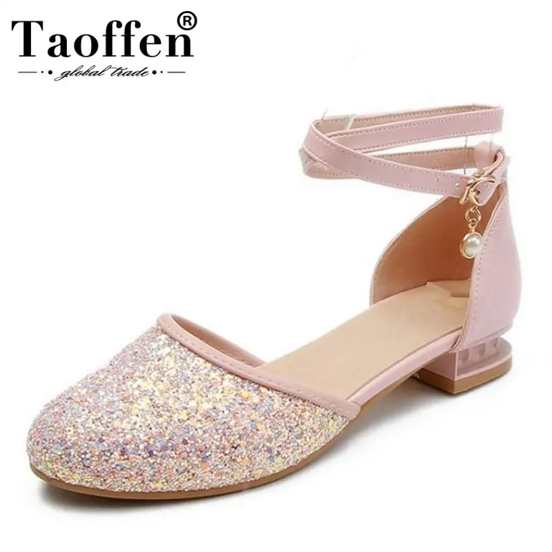 

TAOFFEN Size 30-43 Fashion Office Lady Flats Sandals Shine Ankle Strap Round Toe Flats Sandals Glitter Summer Party Club Shoe