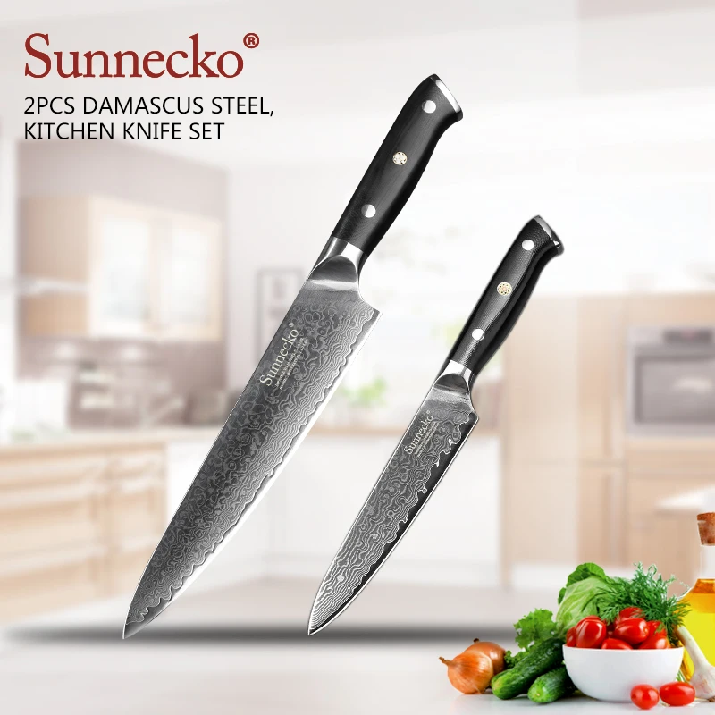 

SUNNECKO 2PCS Kitchen Knives Set 8" Chef 5"Utility Knife Japanese Damascus VG10 Steel Razor Sharp Blade Cutting Tools G10 Handle