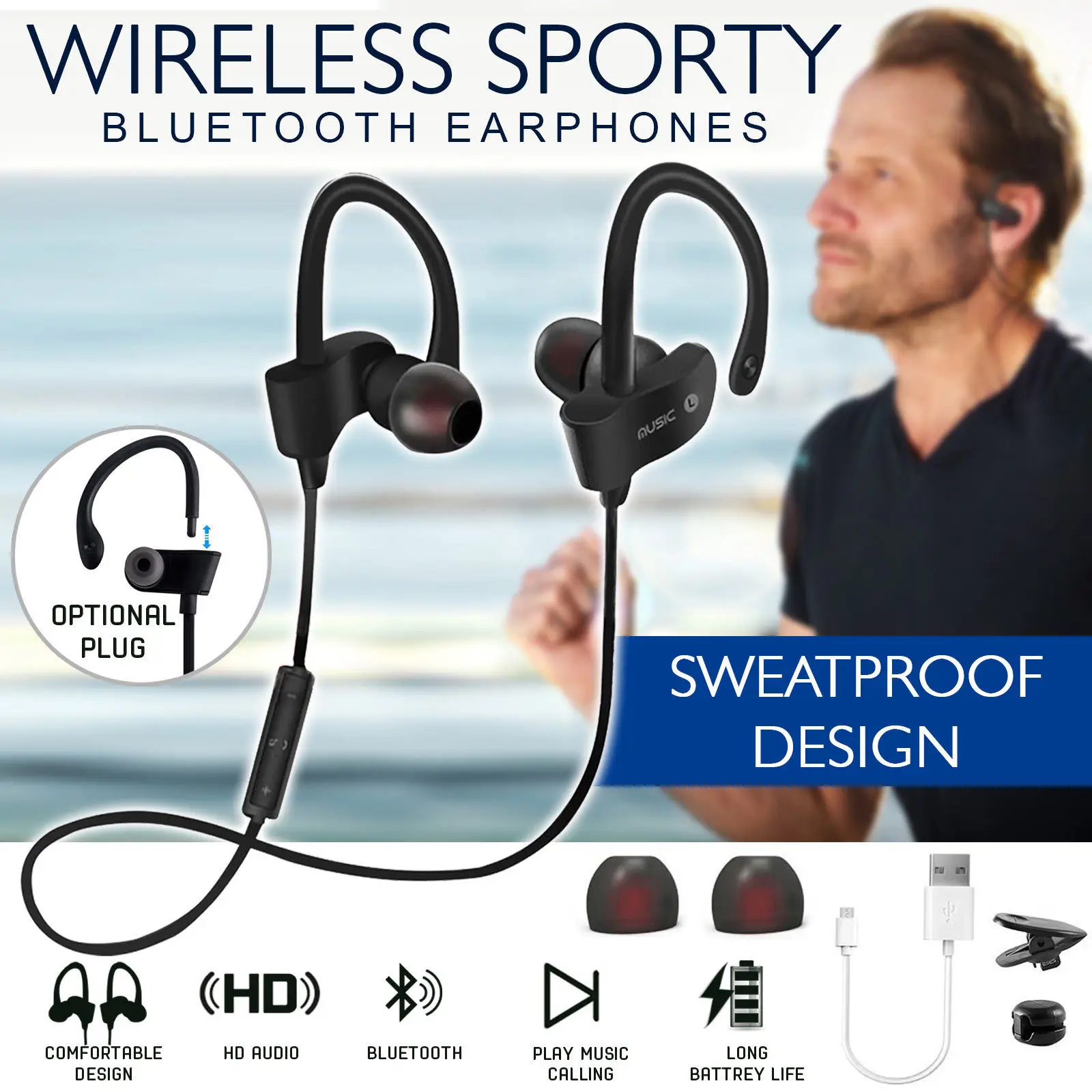 

Bluetooth 4.1 Wireless Headphones Ear Hook Fashion Sport Earphones Hifi Stereo Mp3 Music Player Earbuds Headset with Microphone