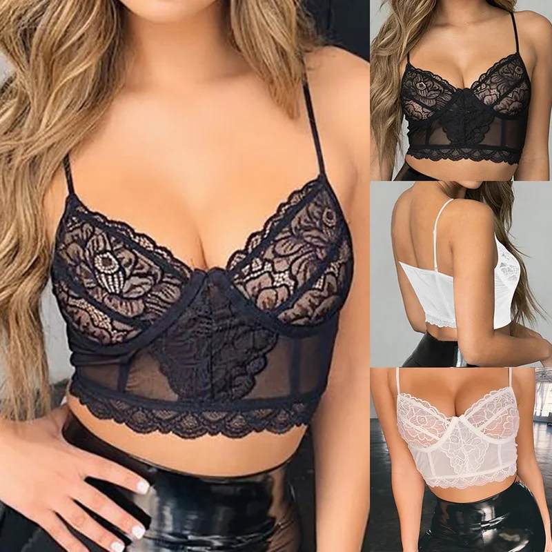 

2019 Women Sexy Lace Bra Deep V See-Through Crop Top Female Sexy Sling Vest Lingerie Corset Cami Sport Top Flower Lace Sport Bra