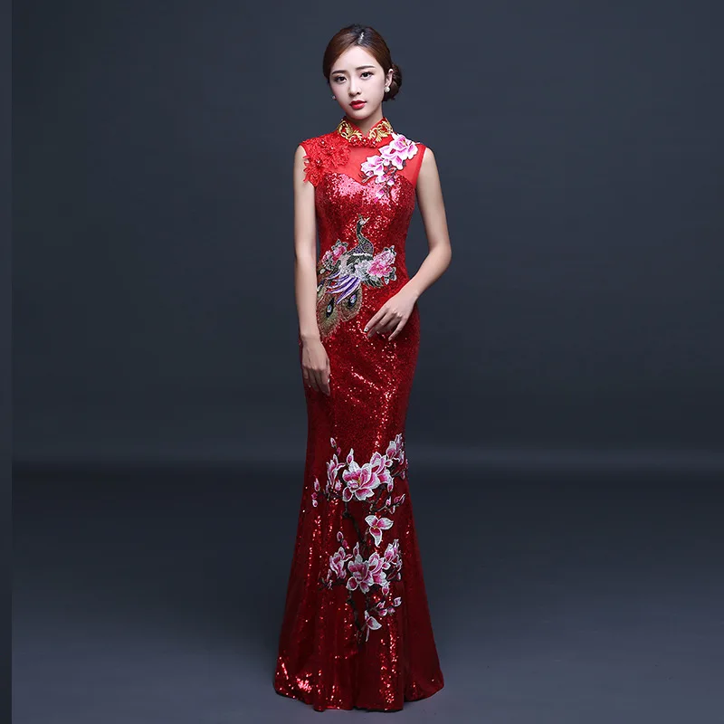 Вышивка Cheongsam Длинные китайский Восточный вечернее платье Элегантное принцессы платья для женщин красный Qipao Свадебные Летние для
