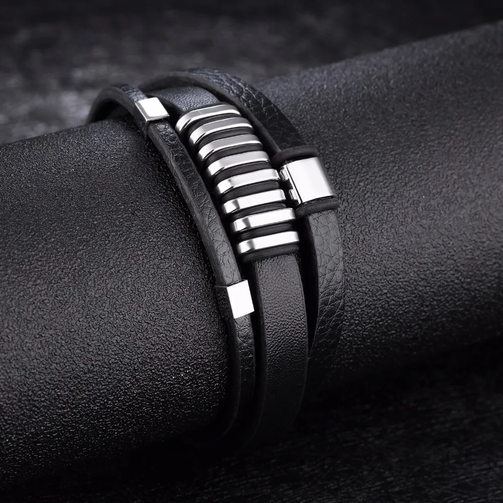 FATE LOVE Fashion Punk Male Men Statement Wrap Bracelet Bangles Jewelry Black Leather Wristlet with Stainless Steel Charm