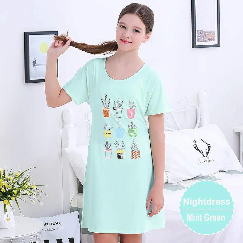 Одежда для девочек; ночная рубашка для детей-подростков; хлопковая ночная рубашка с короткими рукавами; Пижама с изображением растений в горшках; платье для сна; домашняя одежда