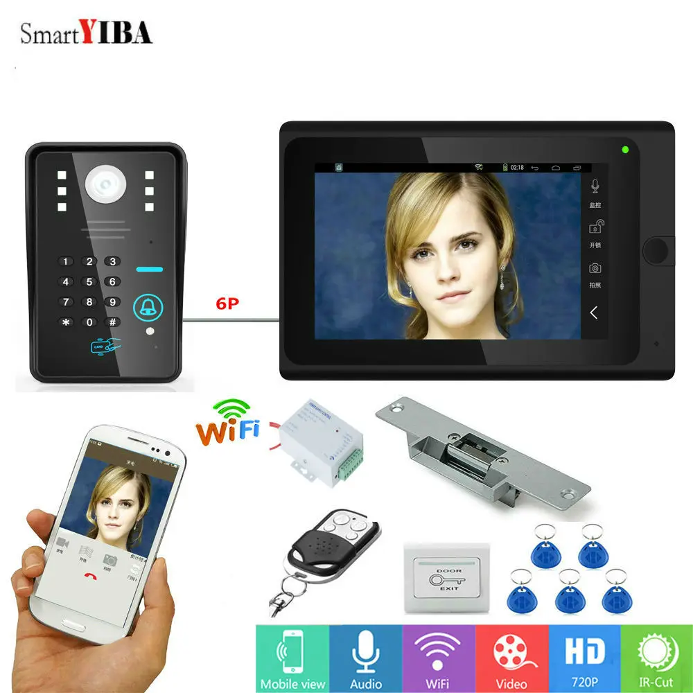 

SmartYIBA APP Remote WIFI RFID Doorbell Video System Camera 7"HD Monitor Doorphone Intercom 1000TVL+Door Lock+Exit Button