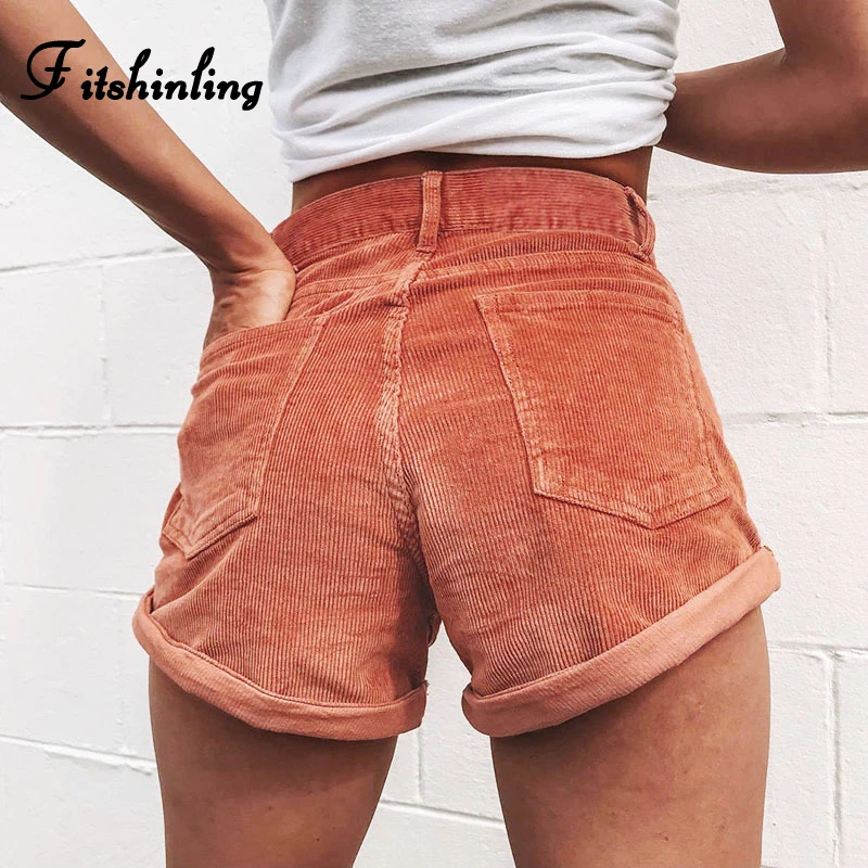 

Fitshinling Roll hem high waist shorts women clothes 2019 summer pockets corduroy velvet bottoms wear slim sexy short feminino