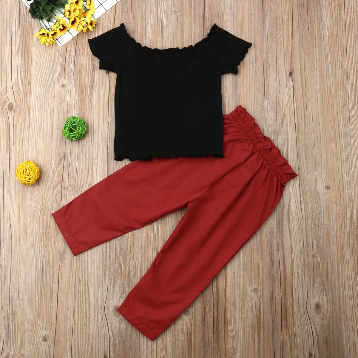 Pudcoco/Одежда для маленьких девочек; однотонные топы с оборками и открытыми плечами; длинные штаны; комплект из 2 предметов; хлопковая одежда