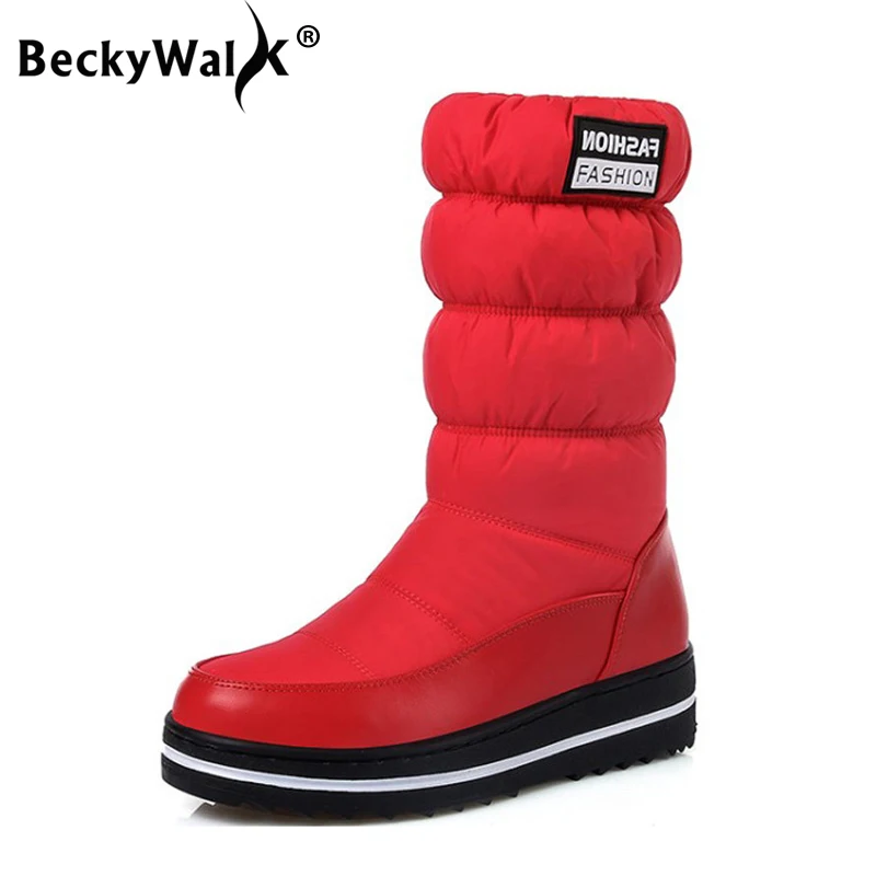 BeckyWalk/до середины икры Женские снегоступы сапоги Водонепроницаемый зимние Botas Mujer на платформе теплая хлопчатобумажная обувь женская обувь, Большие размеры 35-44 WSH3024