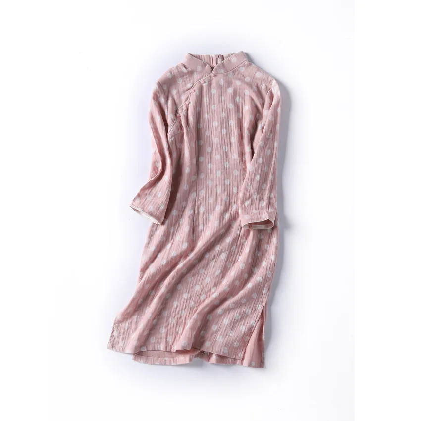 

Autumn Vintage Women Long Dress Chinese Wind Improved Half Sleeve Plaid Cheongsam Cotton Linen Zen Button Dresses