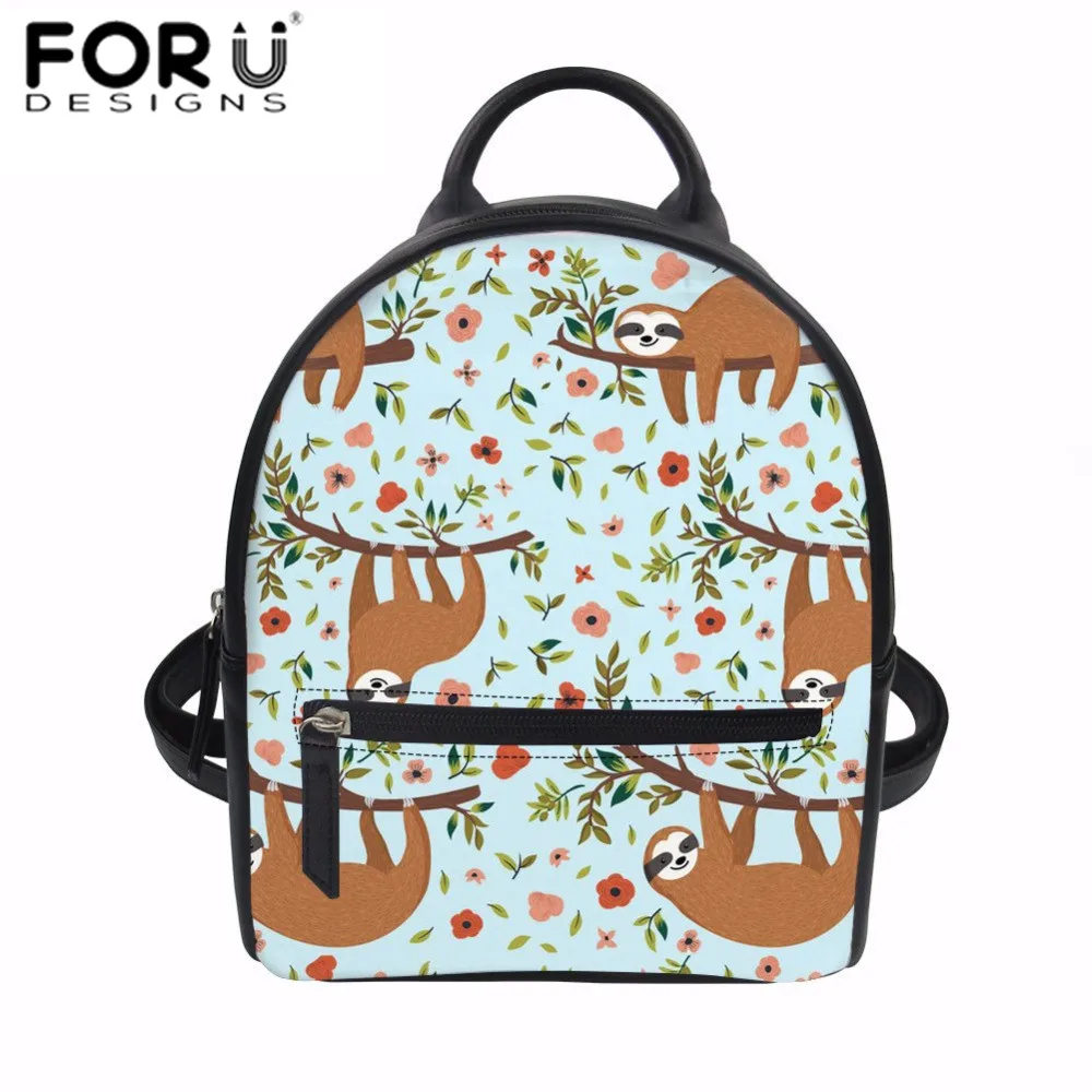 FORUDESIGNS Women Backpack Flower Sloth Print PU Leather Rucksack