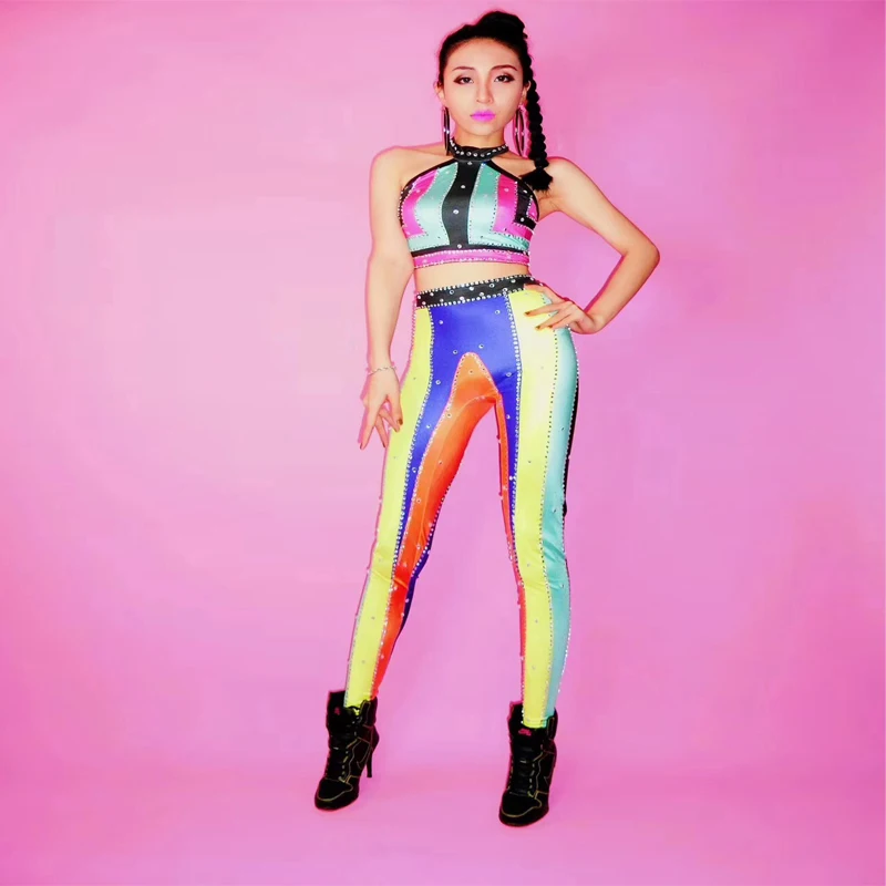 

Sparkly Colorful Rainbow Rhinestones Outfit Sleeveless Top Stretch 2 Pieces Set Leggings Party Dance Performance Sexy Pants Set