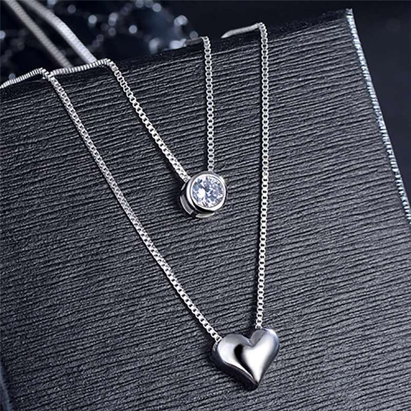 

ROXI Fashion Silver Choker Necklace Double Layer Chain Round Zircon Heart Pendants Necklaces For Women Wedding Jewelry ketting