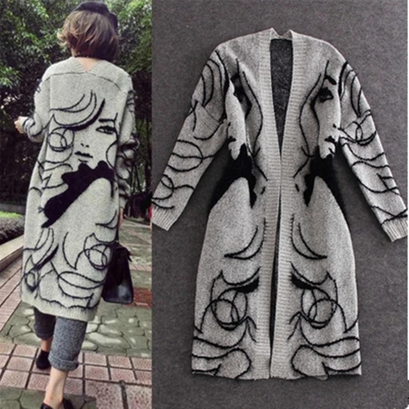 

2019 European Big Spring Autumn Abstract Pattern Loose Bat Sleeve Women Long Cardigan Sweater Thick Sweater Coat Female SW147