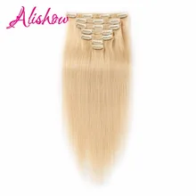 Alishow Hair Clip Hair Extensions Mix Color 14inch-24inch 100% Nature Remy Hair 7Pcs 100g #27/613 Blonde Human Hair in Clips