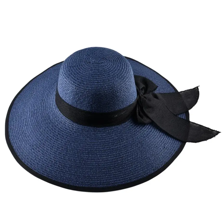 Модная соломенная кепка женская летние Повседневное широкими полями Защита от солнца Кепки бант женские пляжный отдых Шапки большой козырек летние шляпы соломенная шляпа - Цвет: Blue3