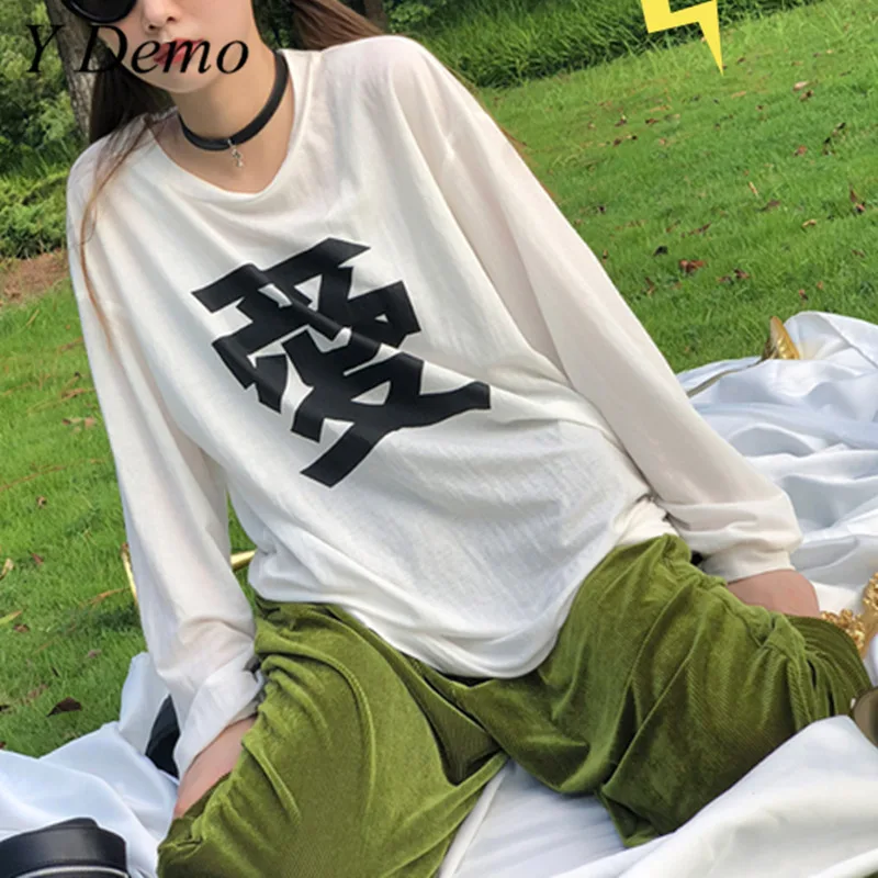 Buy Harajuku T shirt For Autumn New Long Sleeve Korean Chinese Letter White